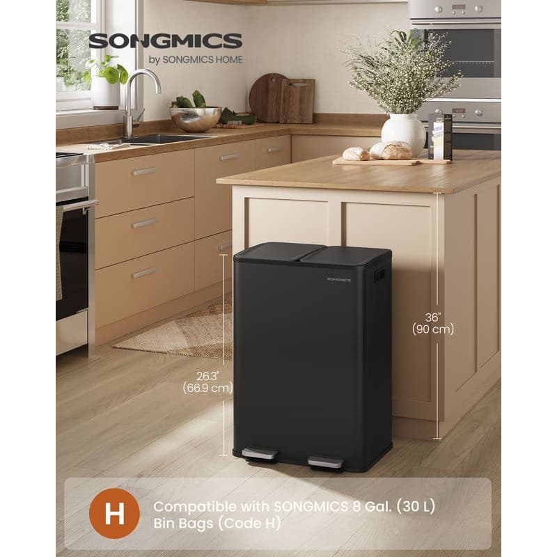SONGMICS Odpadkový kôš 2 x 30 l s pedálovým ovládaním, tichým zatváraním, vnútornými košmi, čierny