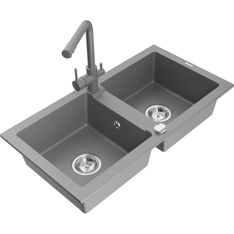 MEXEN/S MEXEN/S - Mario granitový drez 2-bowl vrátane batérie Duero, šedá 6504-71-671600-71