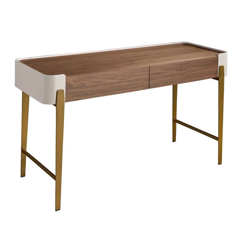 Estila Luxusný moderný písací stôl Forma Moderna s dvomi zásuvkami v kombinácii béžovej a orechovej hnedej so zlatou podstavou 140 cm 1