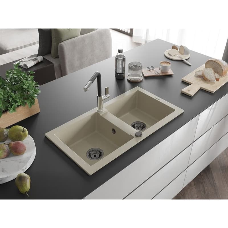 MEXEN/S MEXEN/S - Mario granitový drez 2-bowl vrátane batérie Flora, béžová 6504-69-670401-07-B 2