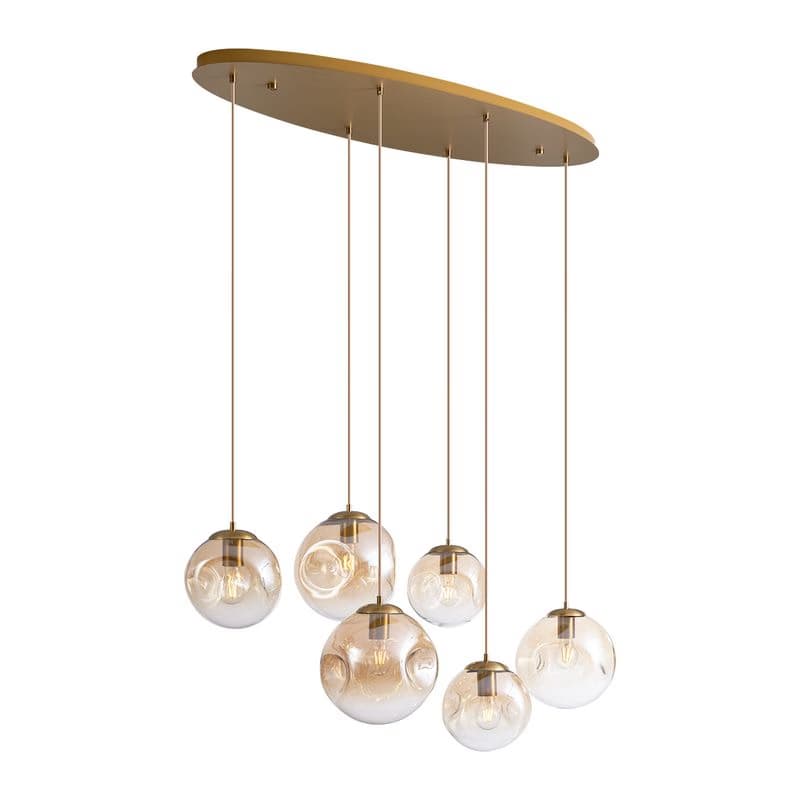 Art Deco závesná lampa mosadzná s oválnou stropnou doskou a jantárovým sklom 6-svetiel - Douglass 1