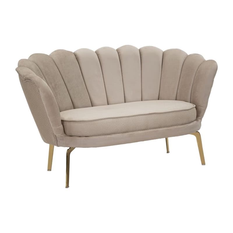 Estila Art deco dvojmiestna čalúnená prešívaná béžová sedačka Perla v tvare mušle so zamatovým poťahom so zlatými nožičkami 136 cm 1
