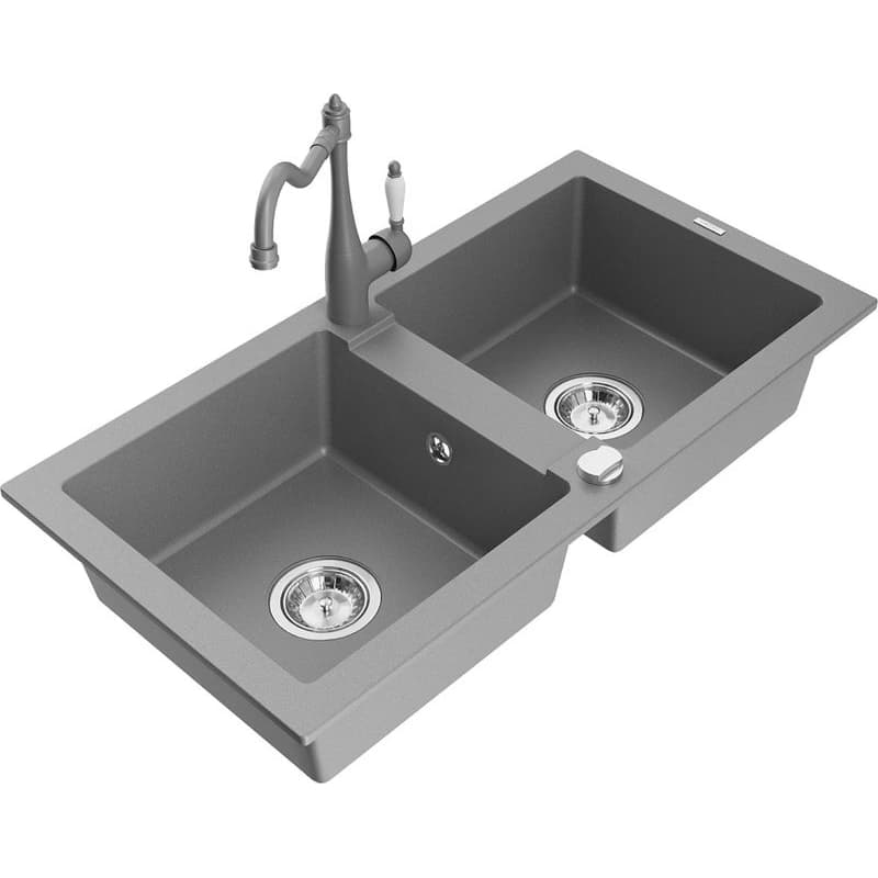 MEXEN/S MEXEN/S - Mario granitový drez 2-bowl vrátane batérie Carla, šedá 6504-71-670700-71