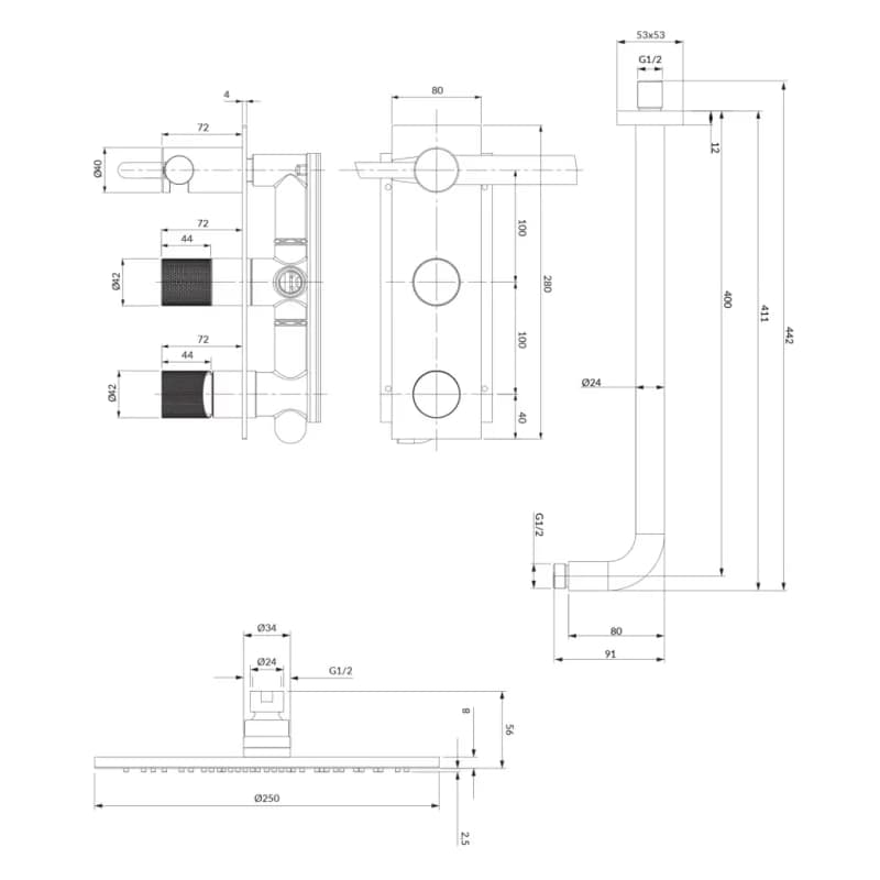 OMNIRES - CONTOUR podomietkový sprchový systém zlatá kartáčovaná /GLB/ SYSCT10GLB 2