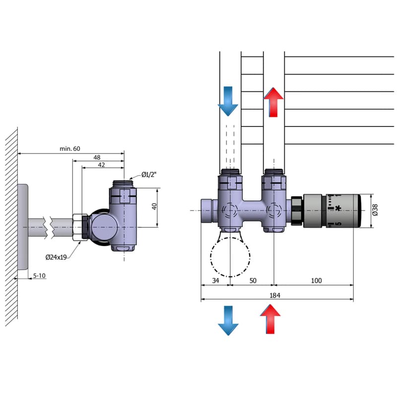 SAPHO - TWIN COMBI termostatická pripojovacia súprava ventil pre stredové pripojenie, pravá, chróm CP5010S 4