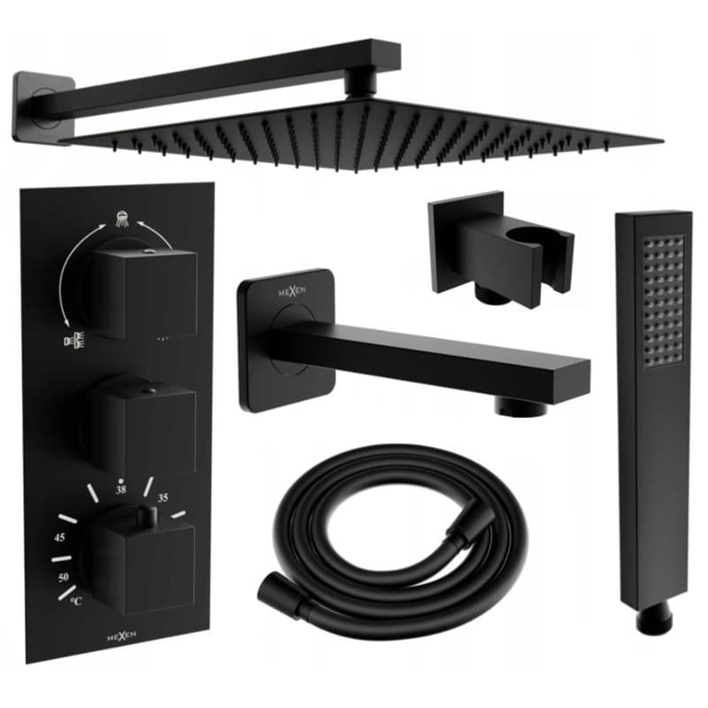 MEXEN/S - Cube DR02 podomietkový vaňový SET s vytokovou hubicou + slim sprcha 30, čierny 77503DR0230-70