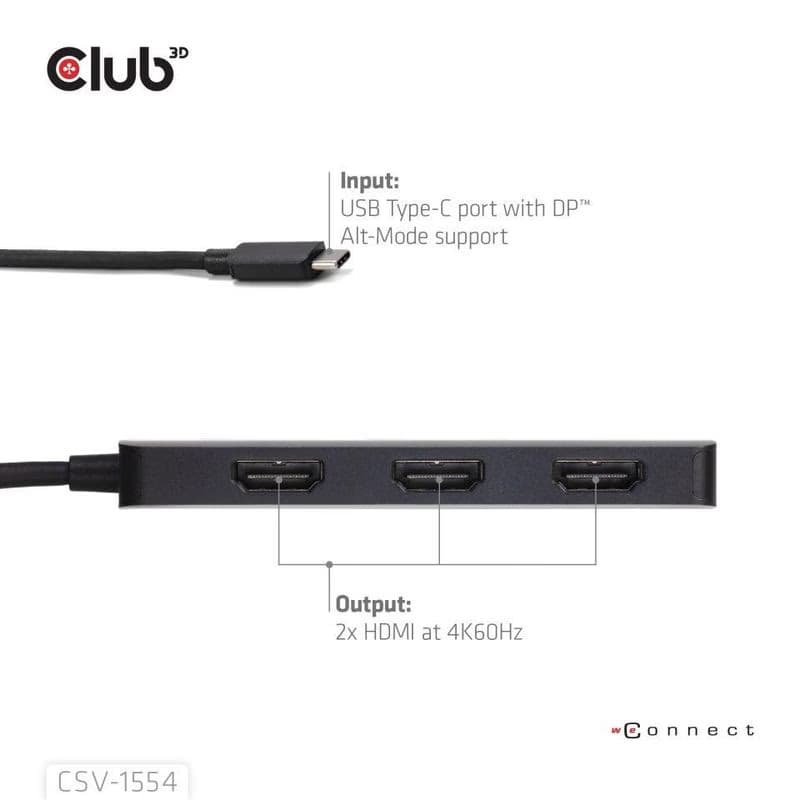 Club3D hub MST USB-C na 3xHDMI, Single: 8K30Hz, Triple: 4K60Hz 3