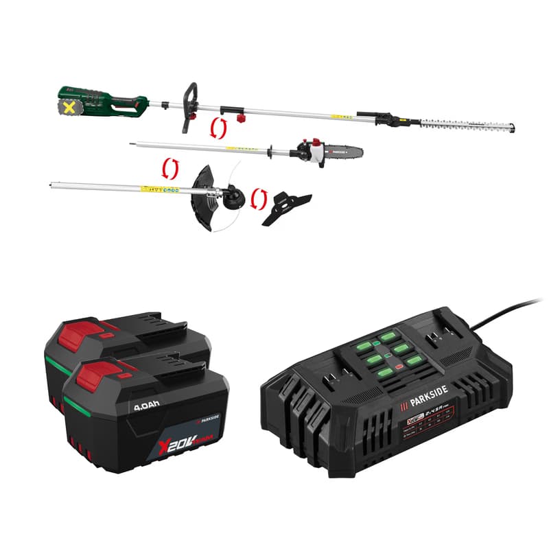 PARKSIDE® Aku záhradné kombinované náradie 40 V + Akumulátor 20 V/4 Ah, 2 kusy + Dvojitá nabíjačka na akumulátor 20 V/4,5 A 1