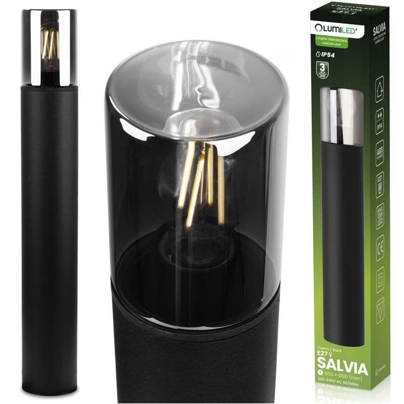 Záhradný stĺpik vonkajší na žiarovku E27 čierny sklo IP54 60 cm SALVIA LUMILED
