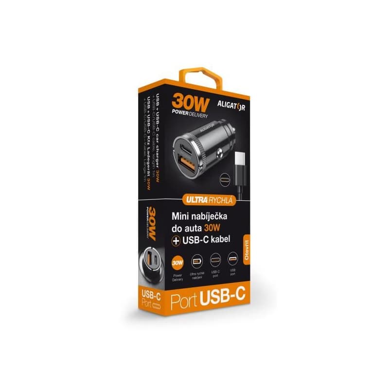 Aligator mini nabíjačka do auta Power Delivery 30W, USB-C + USB-A, USB-C/USB-C kábel 5