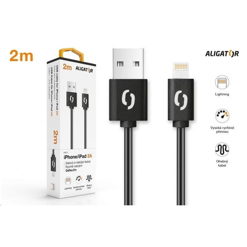 Aligator dátový a nabíjací kábel, konektor Lightning, 2A, 2m, čierna 3