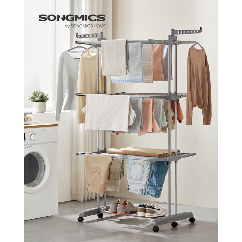 SONGMICS Skladací sušiak na bielizeň na kolieskach, 3 úrovne, 126 x 173 x 64 cm, sivá