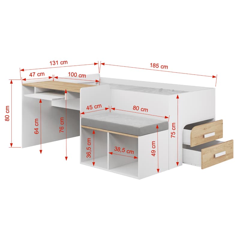 ArtBed Detská vyvýšená posteľ so stolíkom MEGAN | biela 80 x 180 cm 2