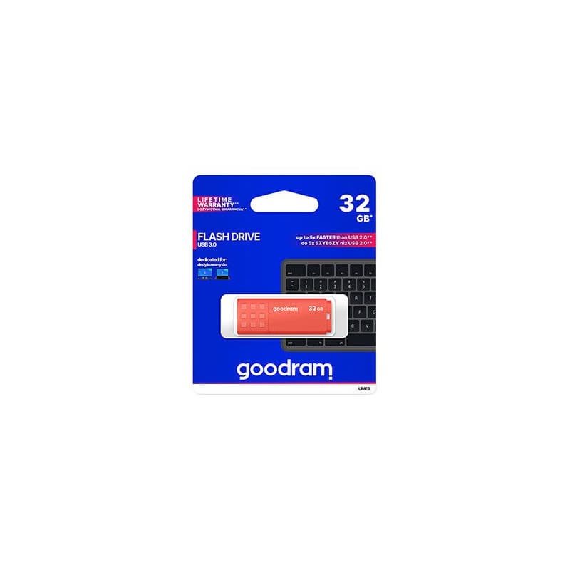 Goodram USB flash disk, USB 3.0, 32GB, UME3, oranžový, UME3-0320O0R11, USB A, s krytkou 1
