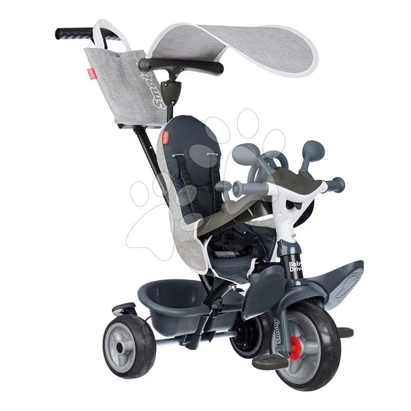 Trojkolka a kočík v jednom s brzdou Baby Driver Grey Tricycle Smoby s intuitívnym ovládaním a tichými EVA kolesami šedá od 10 mes