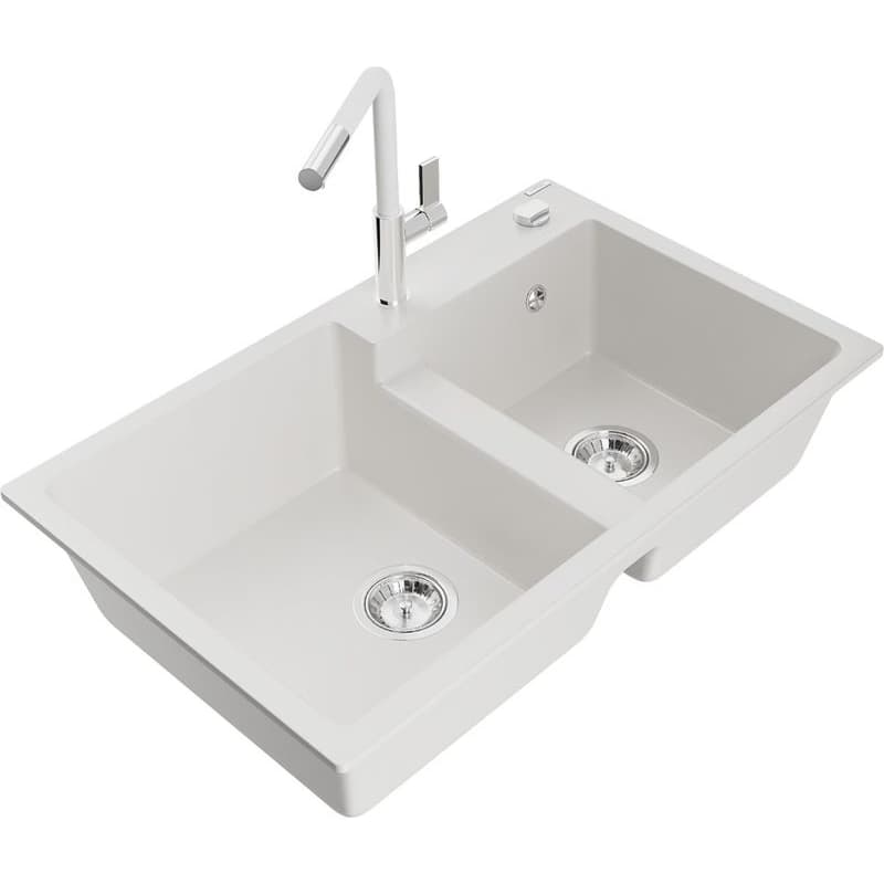 MEXEN/S MEXEN/S - Tomas granitový drez 2-bowl vrátane batérie Flora, biela 6516-20-670401-02