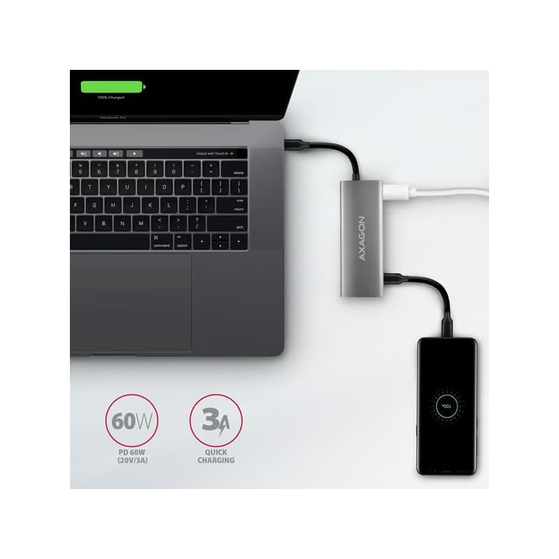AXAGON HMC-5G21, USB 10Gb/s húb, porty 2x USB-A, 2x USB-C, HDMI 4k/30, PD 60W, kábel USB-C 13cm 5