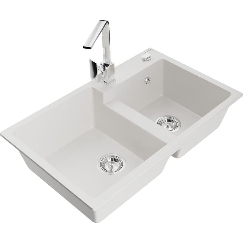 MEXEN/S MEXEN/S - Tomas granitový drez 2-bowl vrátane batérie Rita, biela 6516-20-670300-00