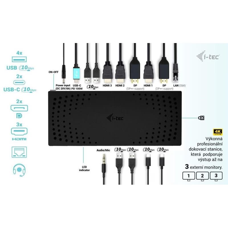 i-tec USB 3.0 / USB-C / Thunderbolt, 3x 4K Docking Station Gen 2 + PD 100W 3