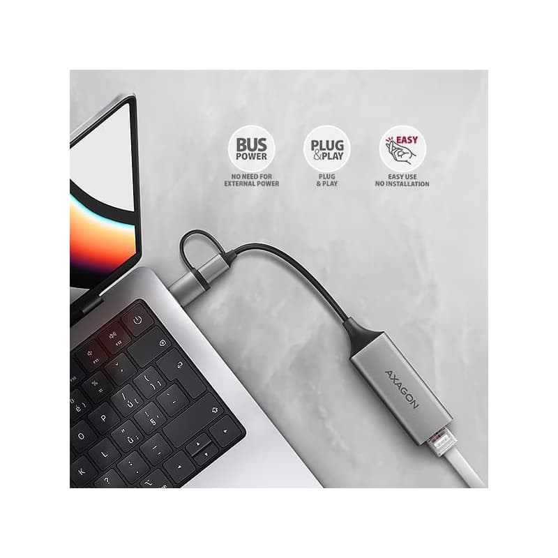 AXAGON ADE-TXCA, USB-C + USB-A 3.2 Gen 1 - Gigabit Ethernet sieťová karta, Asix AX88179, auto inštal 3
