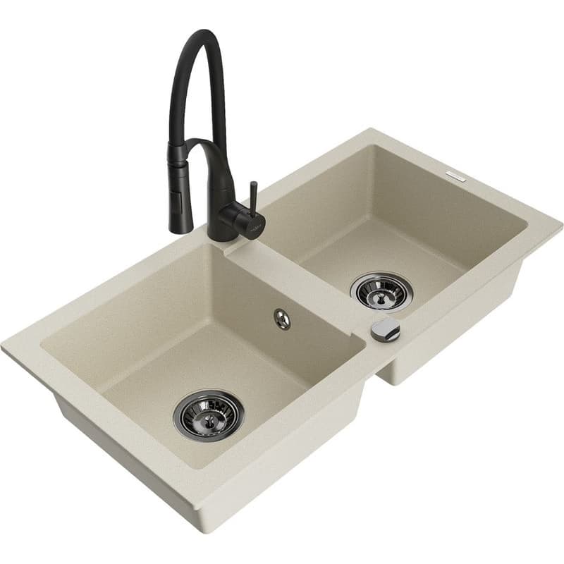 MEXEN/S MEXEN/S - Mario granitový drez 2-bowl vrátane batérie Aster, bážová 6504-69-73450-70-B 1