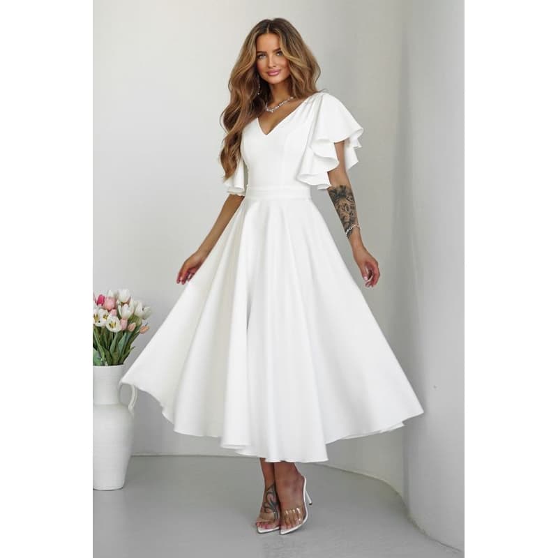Warsaw Dress Biele midi šaty s volánovými rukávmi Veľkosť: L