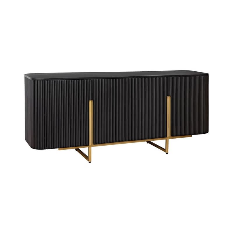 Estila Art deco obdĺžniková komoda Gatsby z čierneho mangového dreva s lamelami s dvomi dvierkami so zlatými úchytkami 160 cm 1
