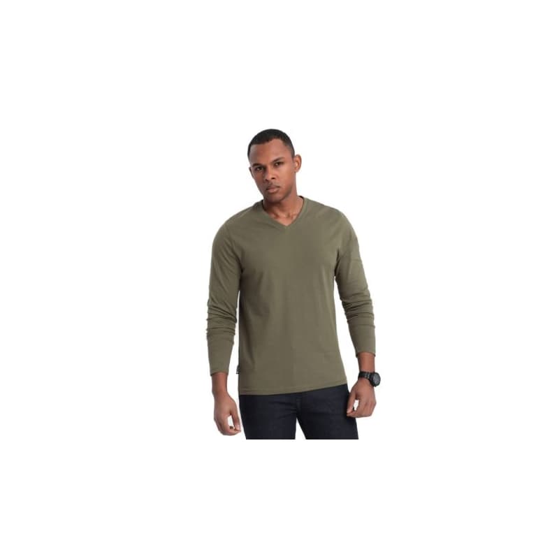 Pánske tričko s dlhým rukávom OMBRE Longsleeve OM-LSBL-0108 V-2 dark olive