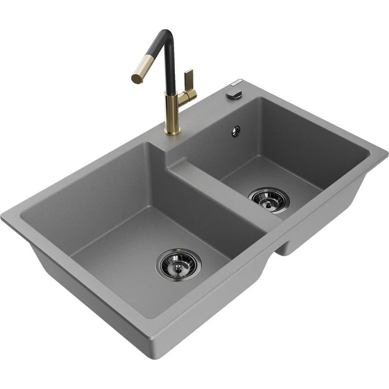 MEXEN/S MEXEN/S - Tomas granitový drez 2-bowl vrátane batérie Flora, šedá 6516-71-670401-57-B 1