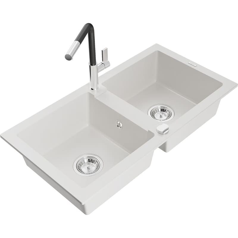 MEXEN/S MEXEN/S - Mario granitový drez 2-bowl vrátane batérie Flora, biela 6504-20-670401-07