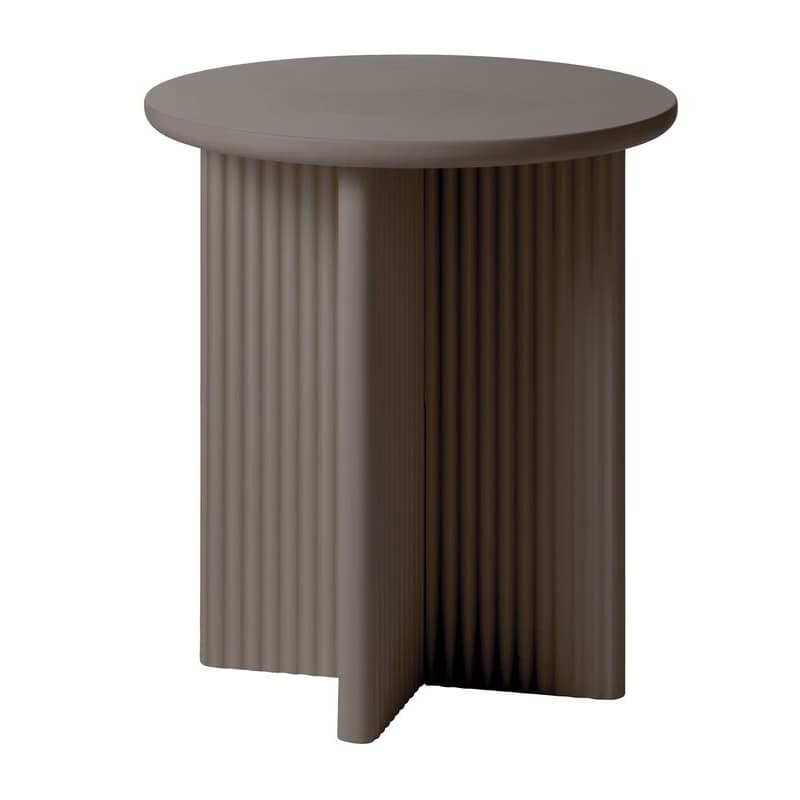 Estila Moderný okrúhly príručný stolík Hvidea s dizajnovou podstavou v tvare X s rebrovaným reliéfom v hnedosivom odtieni taupe 50 cm 1