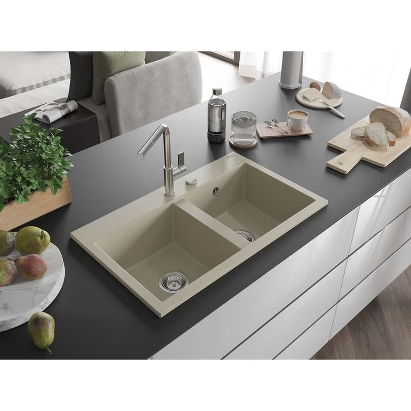MEXEN MEXEN - Hektor granitový drez 2-bowl 800 x 480 mm, béžová, sifón chróm 6521802000-69 2