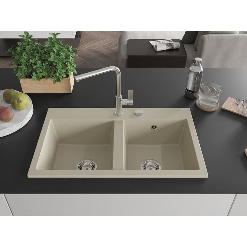 MEXEN MEXEN - Hektor granitový drez 2-bowl 800 x 480 mm, béžová, sifón chróm 6521802000-69 3