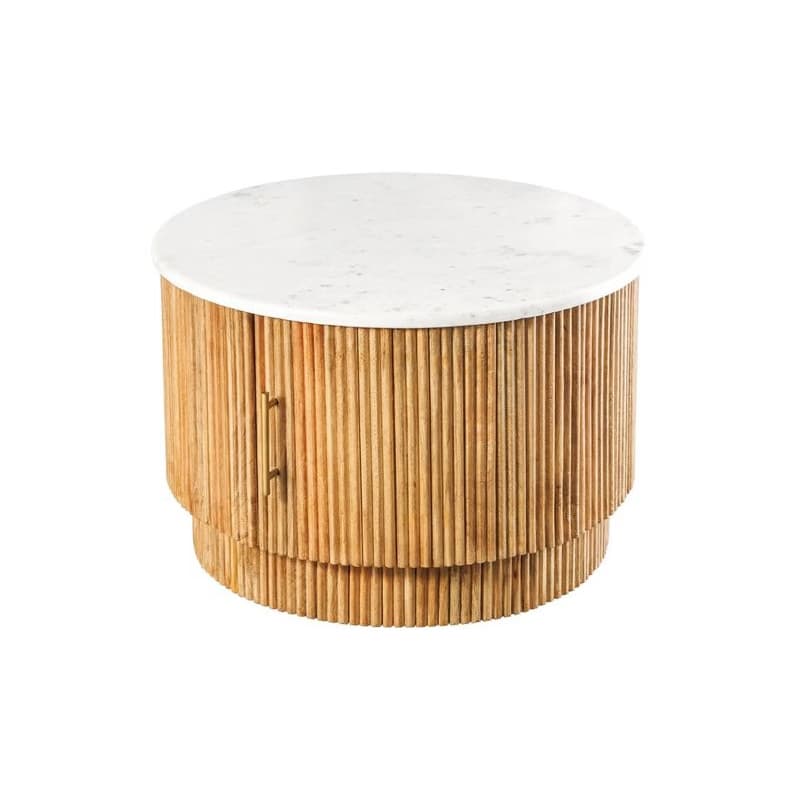 Estila Art deco okrúhly konferenčný stolík Celestia z mangového dreva s bielou mramorovou doskou a skrinkou 60 cm 1