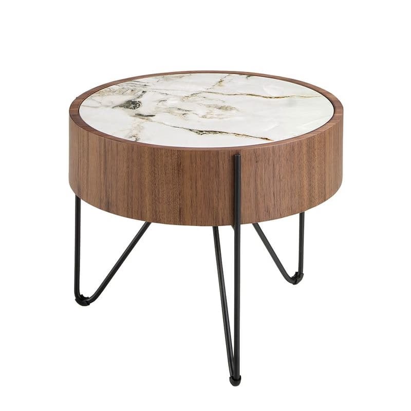 Estila Luxusný moderný okrúhly príručný stolík Vita Naturale z dreva v hnedej farbe s vrchnou doskou s dizajnom bieleho mramoru 50 cm