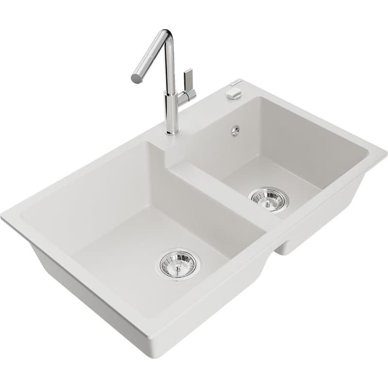 MEXEN/S MEXEN/S - Tomas granitový drez 2-bowl vrátane batérie Flora, biela 6516-20-670401-00
