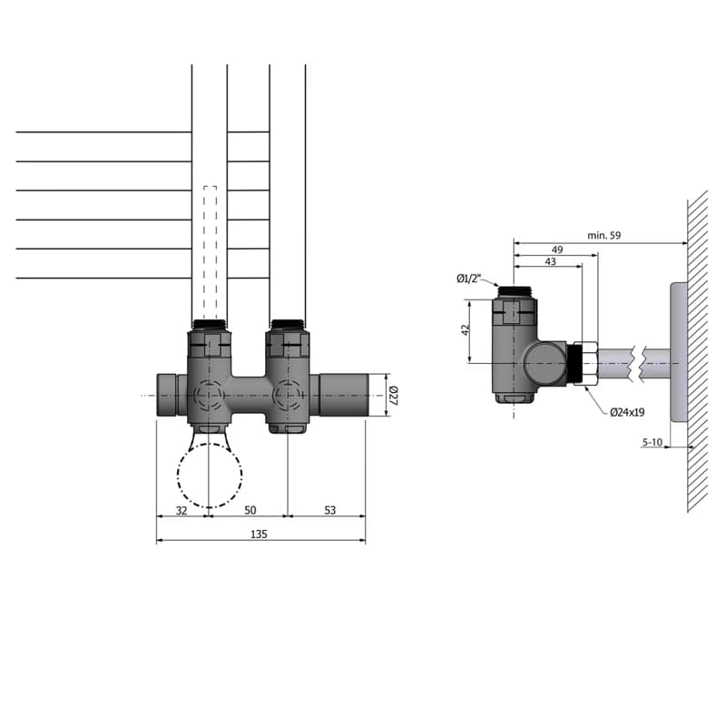SAPHO - TWIN COMBI pripojovacia súprava ventilov pre stredové pripojenie, pravá, chróm CP461S 3