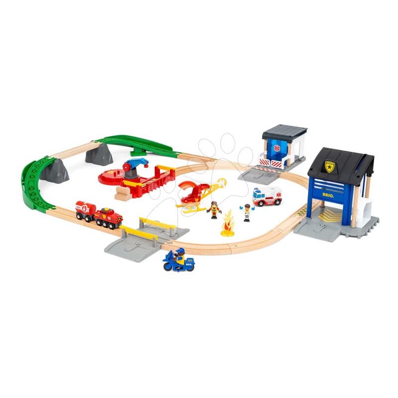 Drevená vláčikodráha so záchranárským tímom Rescue Team Train Set BRIO 38 dielov sanitka so zvukom a svetlom a policajné autíčko so stanicou a 3 figúrky