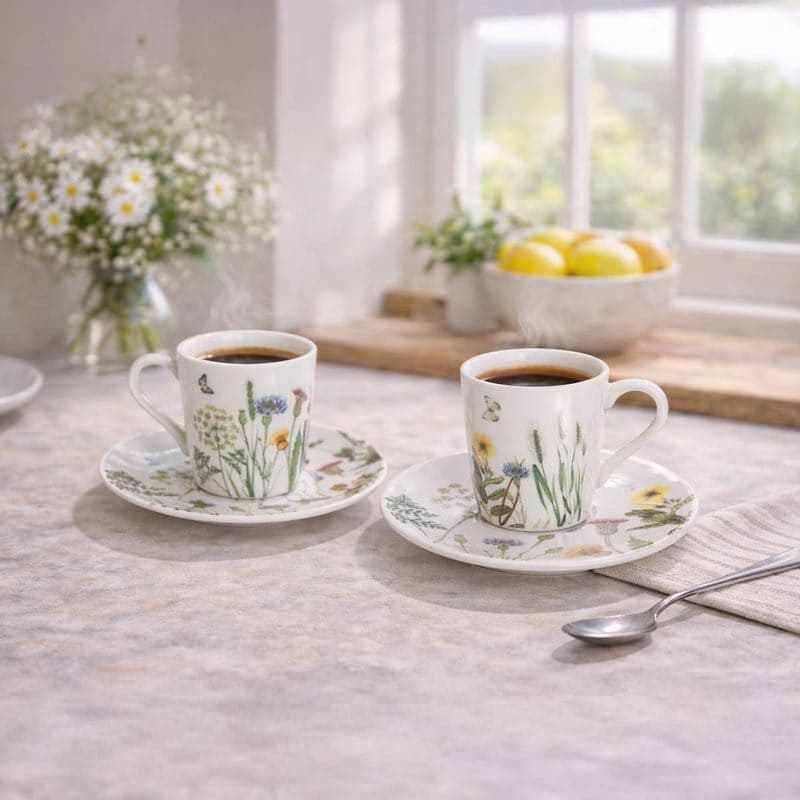 Porcelánové šálky na espresso s podšálkami Divoké kvety, sada 4 ks 1