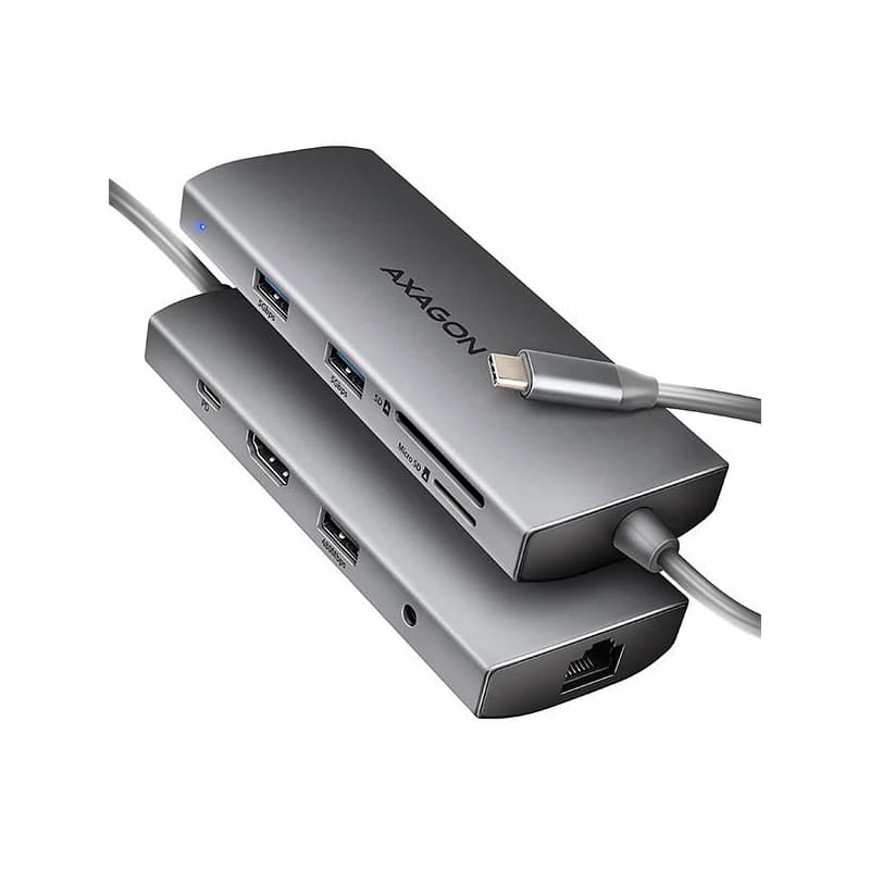 AXAGON HMC-8HLSA, USB 5Gbps húb, 3x USB-A, HDMI 4k/60Hz, RJ-45 GLAN, SD/microSD, audio, PD 100W, kábel USB-C 20cm 1