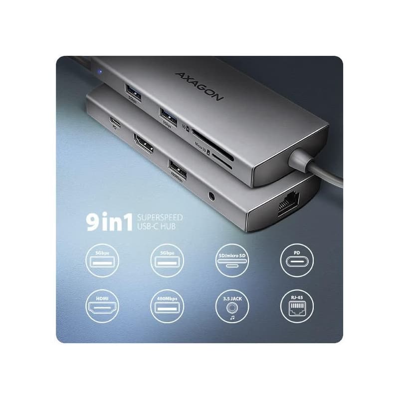 AXAGON HMC-8HLSA, USB 5Gbps húb, 3x USB-A, HDMI 4k/60Hz, RJ-45 GLAN, SD/microSD, audio, PD 100W, kábel USB-C 20cm 2