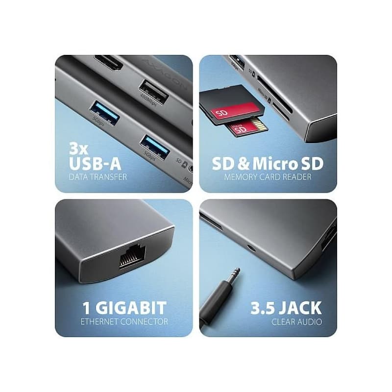 AXAGON HMC-8HLSA, USB 5Gbps húb, 3x USB-A, HDMI 4k/60Hz, RJ-45 GLAN, SD/microSD, audio, PD 100W, kábel USB-C 20cm 3