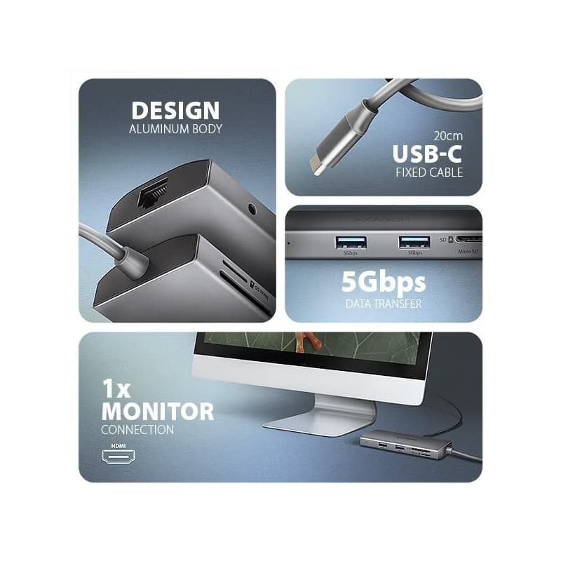 AXAGON HMC-8HLSA, USB 5Gbps húb, 3x USB-A, HDMI 4k/60Hz, RJ-45 GLAN, SD/microSD, audio, PD 100W, kábel USB-C 20cm 4