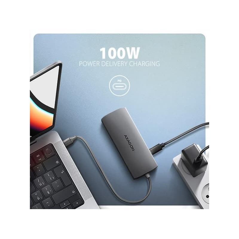 AXAGON HMC-8HLSA, USB 5Gbps húb, 3x USB-A, HDMI 4k/60Hz, RJ-45 GLAN, SD/microSD, audio, PD 100W, kábel USB-C 20cm 5
