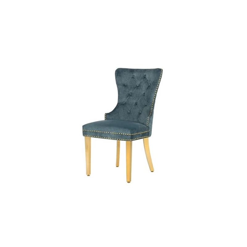 Estila Glamour čalúnená prešívaná zamatová modrá jedálenská stolička Modern Barock so zlatými kovovými nožičkami a klopkadlom 98 cm 1