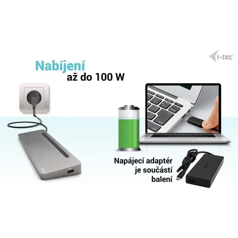 i-tec USB-C Metal Ergonomic 4K 3x Display Docking Station, PD 100W + i-tec Universal Charger 100W (bundle) 3