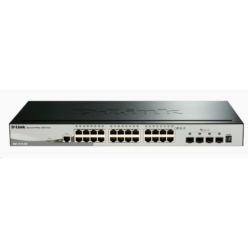 D-Link DGS-1510-28X 28-Port Gigabit Stackable Smart Managed Switch, 24x gigabit RJ45, 4x 10G SFP+ 1
