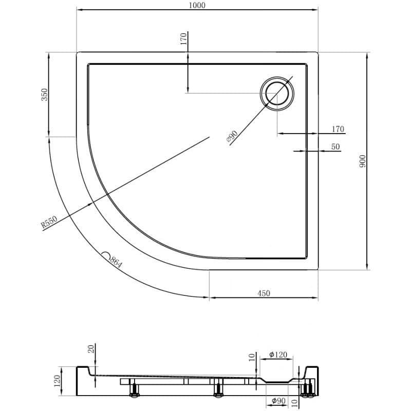 MEXEN - Flow+ Sprchová vanička štvrťkruh asymetrická pravá 100 x 90, biela lesk 46Q109010RH 2