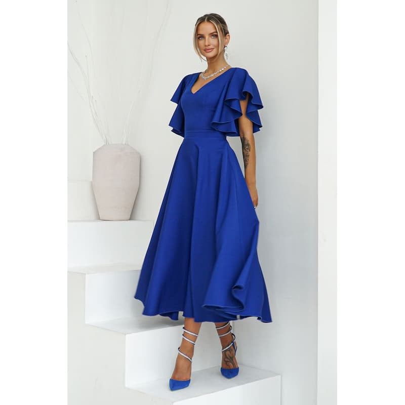Warsaw Dress Modré midi šaty s volánovými rukávmi Veľkosť: XS