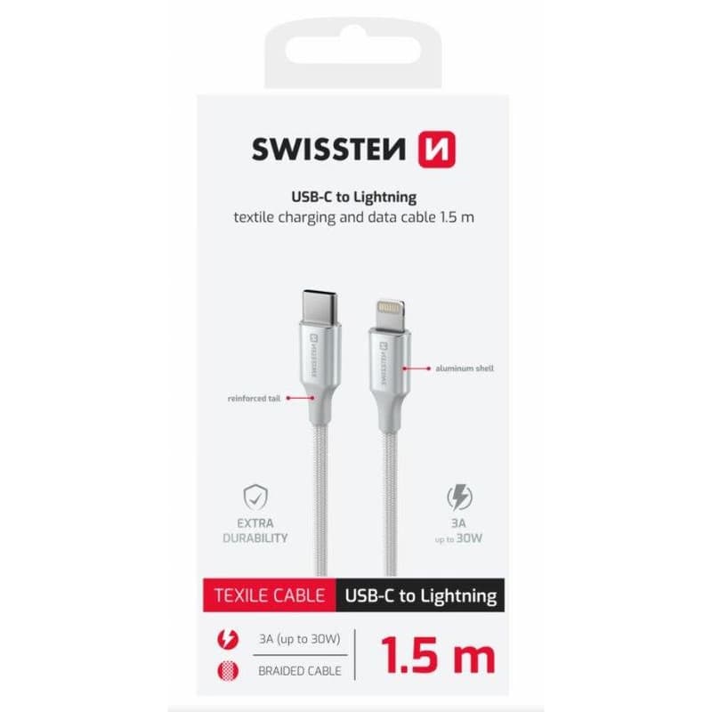 SWISSTEN DÁTOVÝ KÁBEL TEXTILE II USB-C / LIGHTNING 1,5 M BIELÝ 1